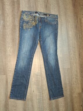X2 Blue Boyfriend Jeans with Gold Scroll Embroidery
